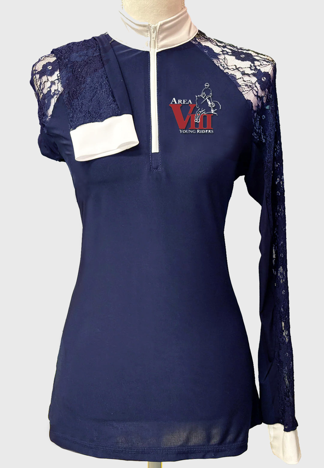 Area VIII Young Riders Long Sleeve Navy Show Shirt with Lace Sleeves, Ladies + Youth Sizes