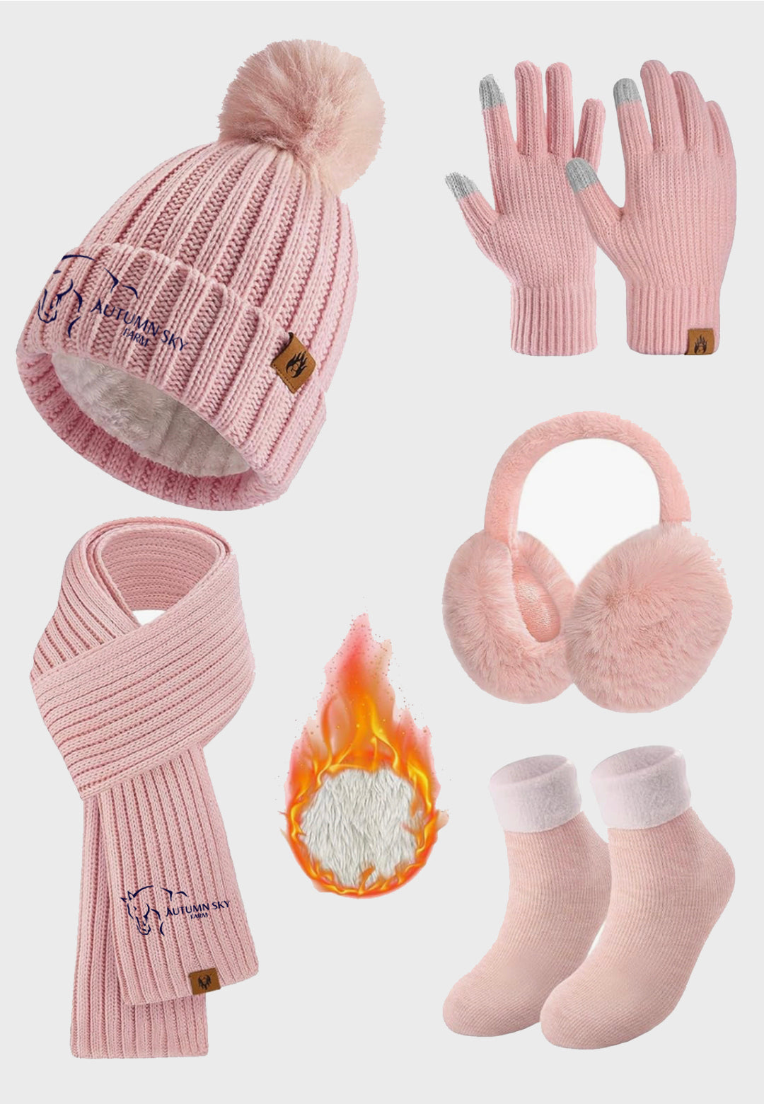 Autumn Sky Farm Winter Beanie Hat Scarf Gloves Ear Muffs Socks Set