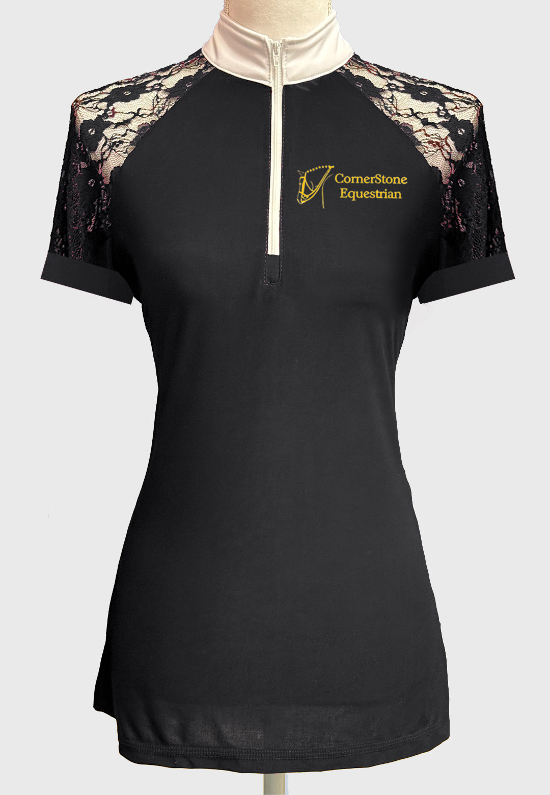 Cornerstone Equestrian Long OR Short Sleeve Black Show Shirt with Lace Sleeves, Ladies + Youth
