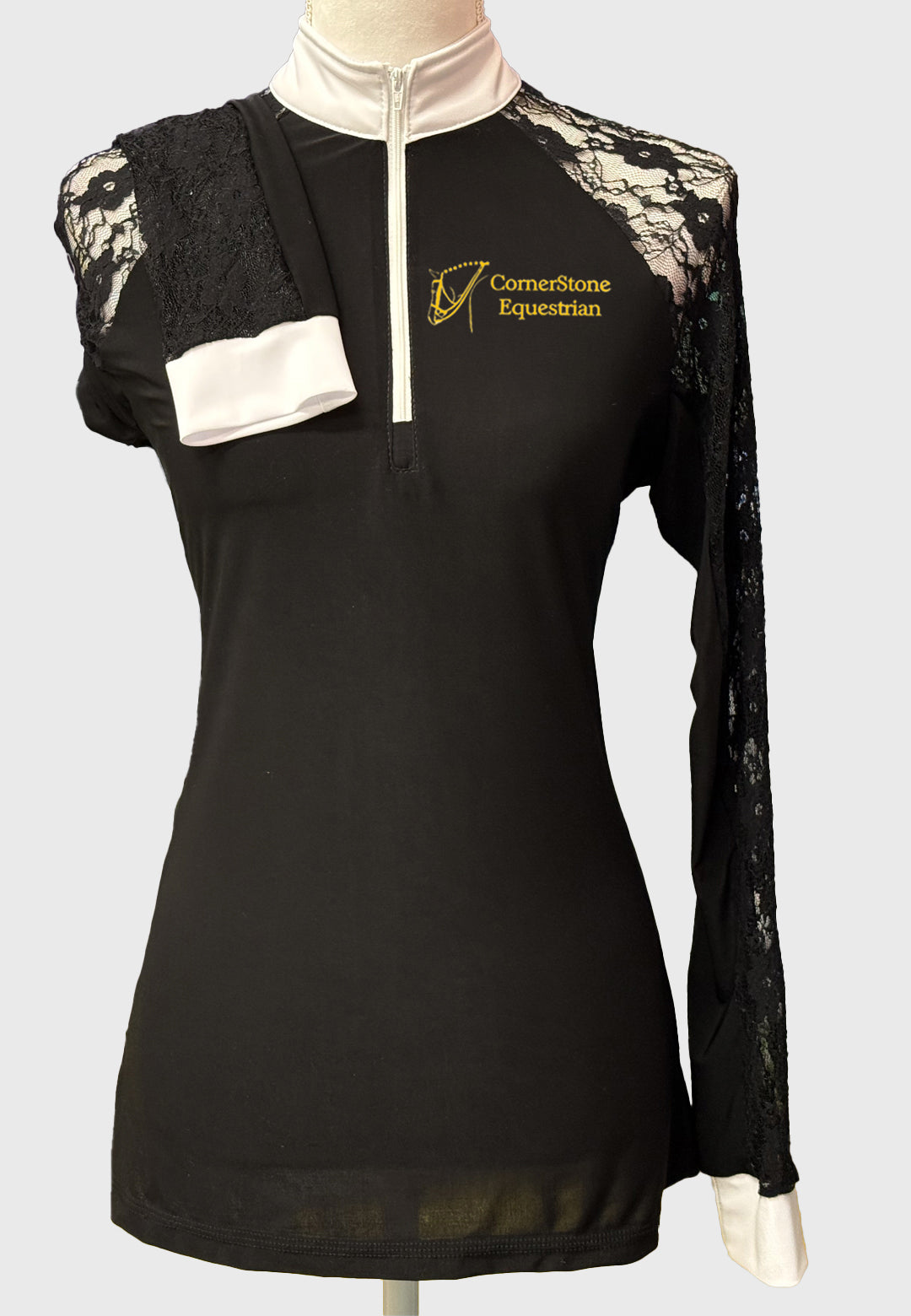 Cornerstone Equestrian Long OR Short Sleeve Black Show Shirt with Lace Sleeves, Ladies + Youth