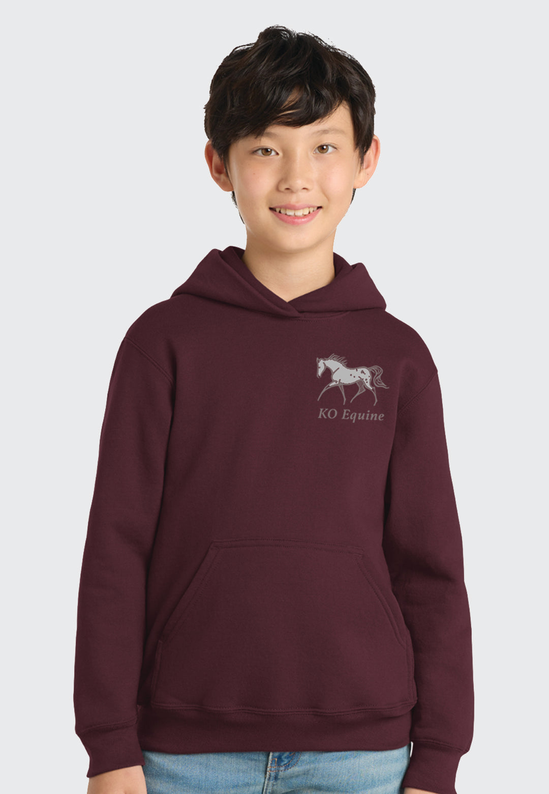 KO Equine Port & Company® Essential Fleece Maroon Pullover Hooded Sweatshirt, Youth Sizes, 2 Color Options