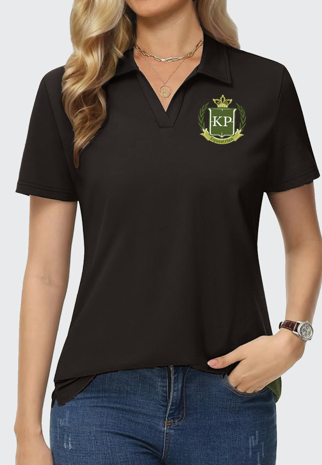 KP Equestrian MAGCOMSEN Women's V-Neck Collared Polo Shirt, 2 Color Options