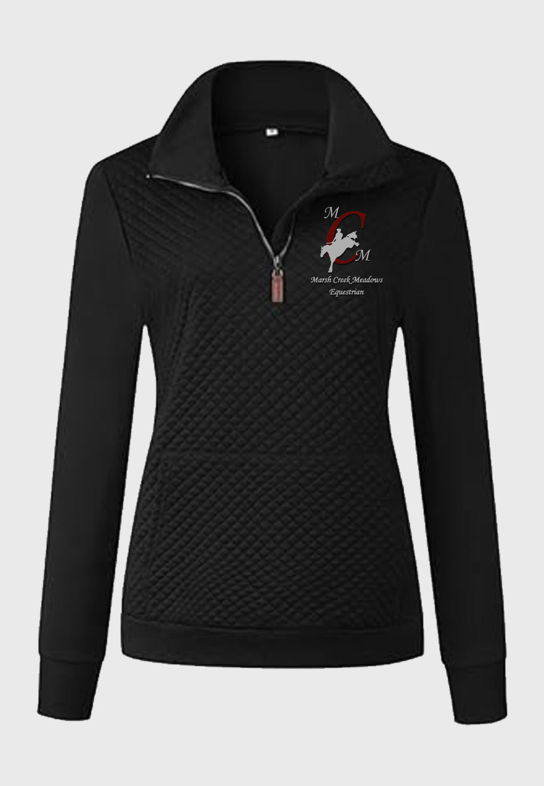 Marsh Creek Meadows Equestrian BTFBM Ladies Quilted 1/4 Zip Black Sweatshirt, 2 Color Options