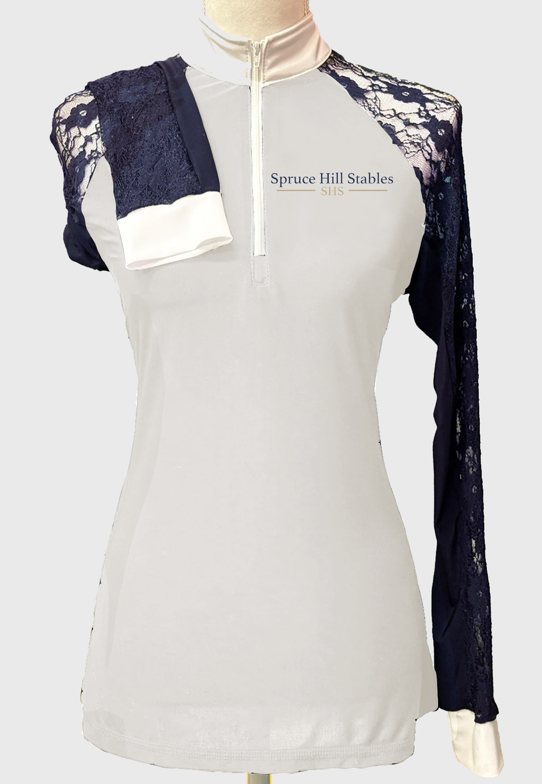Spruce Hill Stables Ladies White LS Show Shirt with Navy Lace Sleeves
