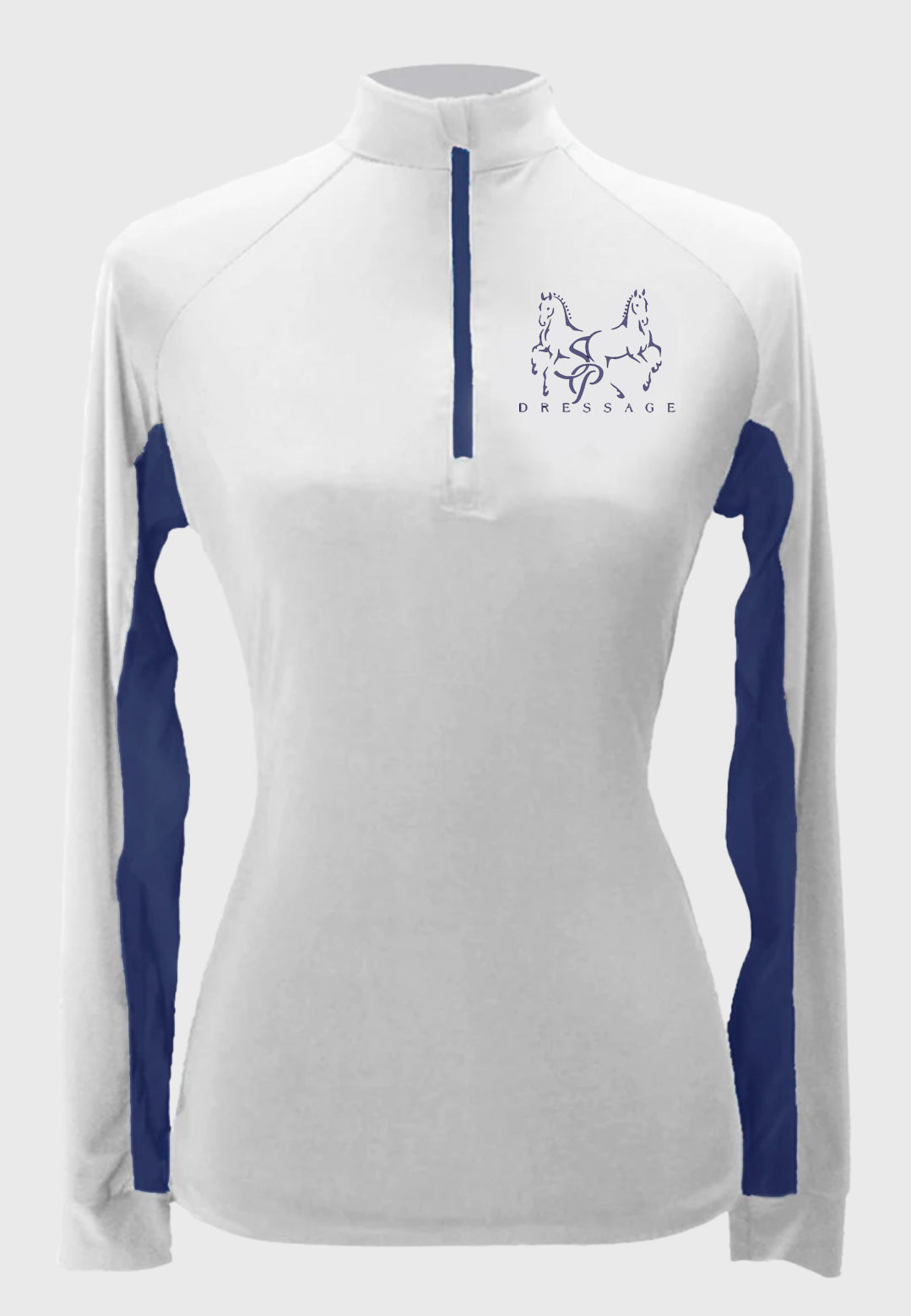 SP Dressage IAH Custom Sun Shirt - White with Navy Vents + Zipper, Adult Sizes + Youth Sizes
