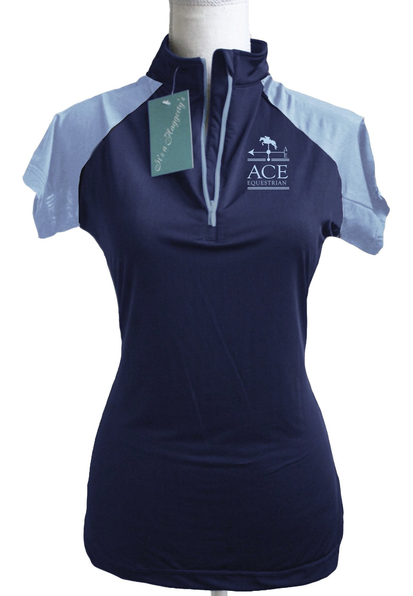 ACE Equestrian Adult Custom Sun Shirt - Short Sleeve Navy with Baby Blue Accents