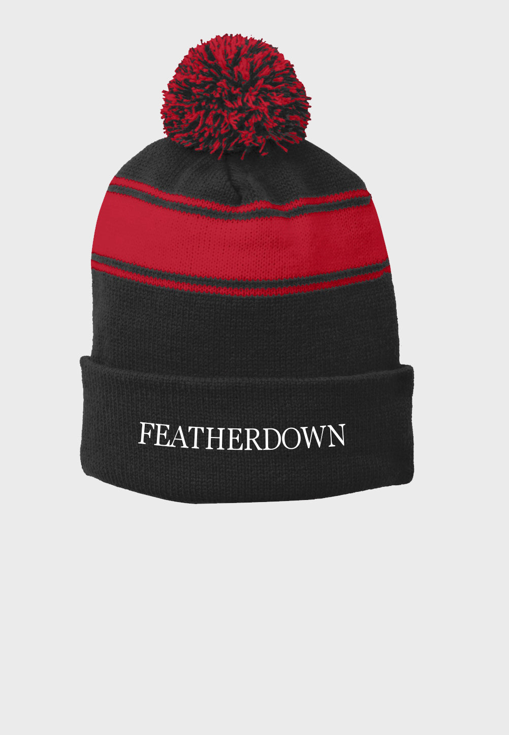Featherdown Sport-Tek® Stripe Pom Pom Beanie - Black/Red