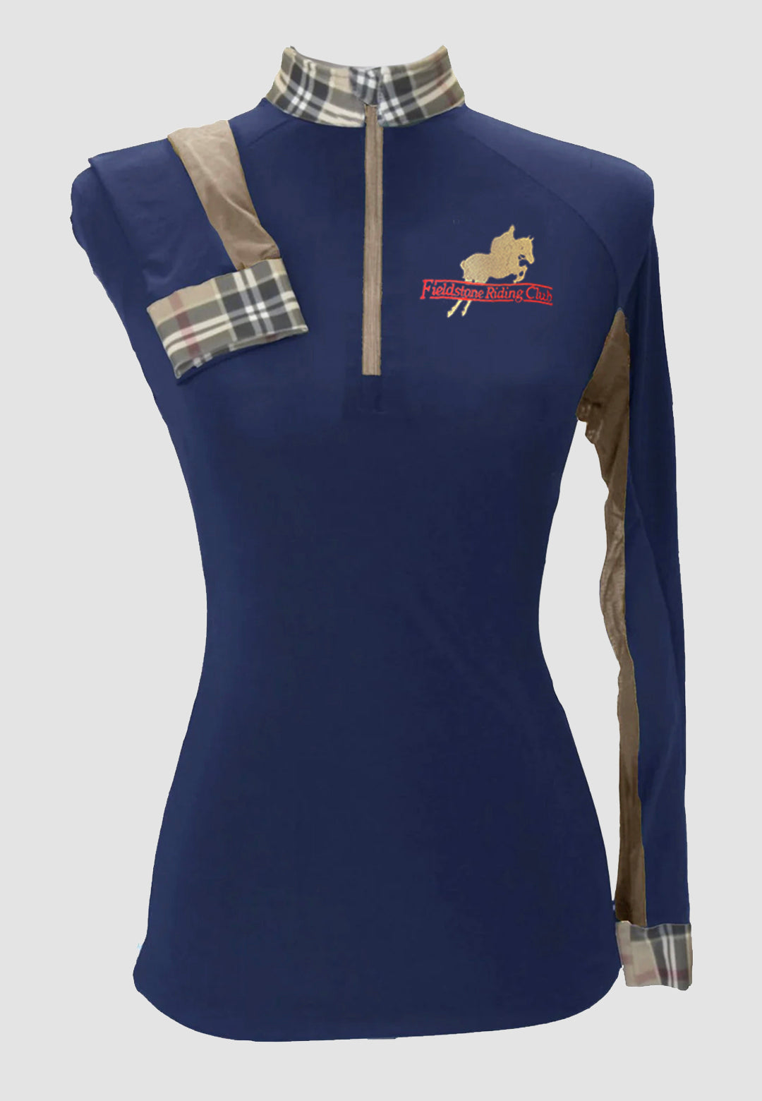 Fieldstone Riding Club Mens/Ladies Navy Blue Custom Sun Shirt with Plaid Accents