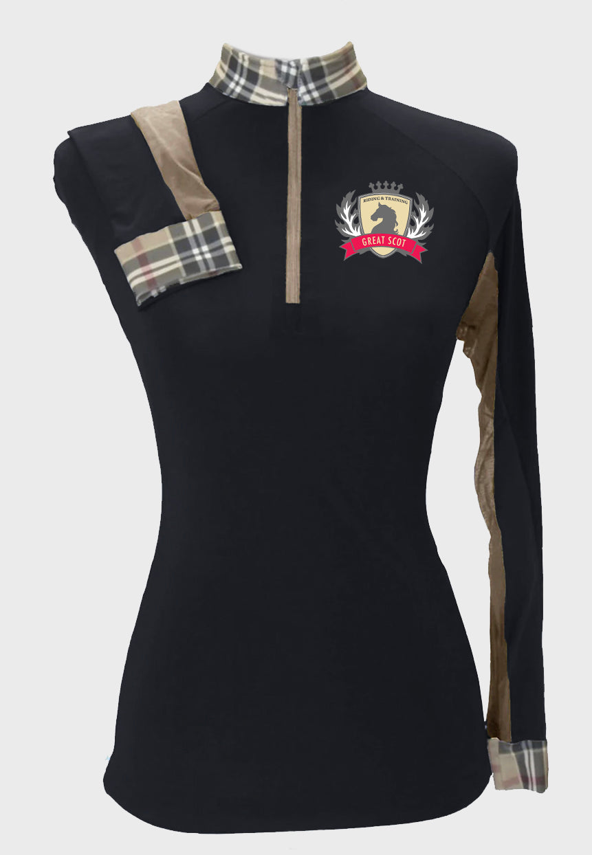 Great Scot Black with Plaid Cuffs/Collar Custom Sun Shirt  - Adult and Youth Sizes