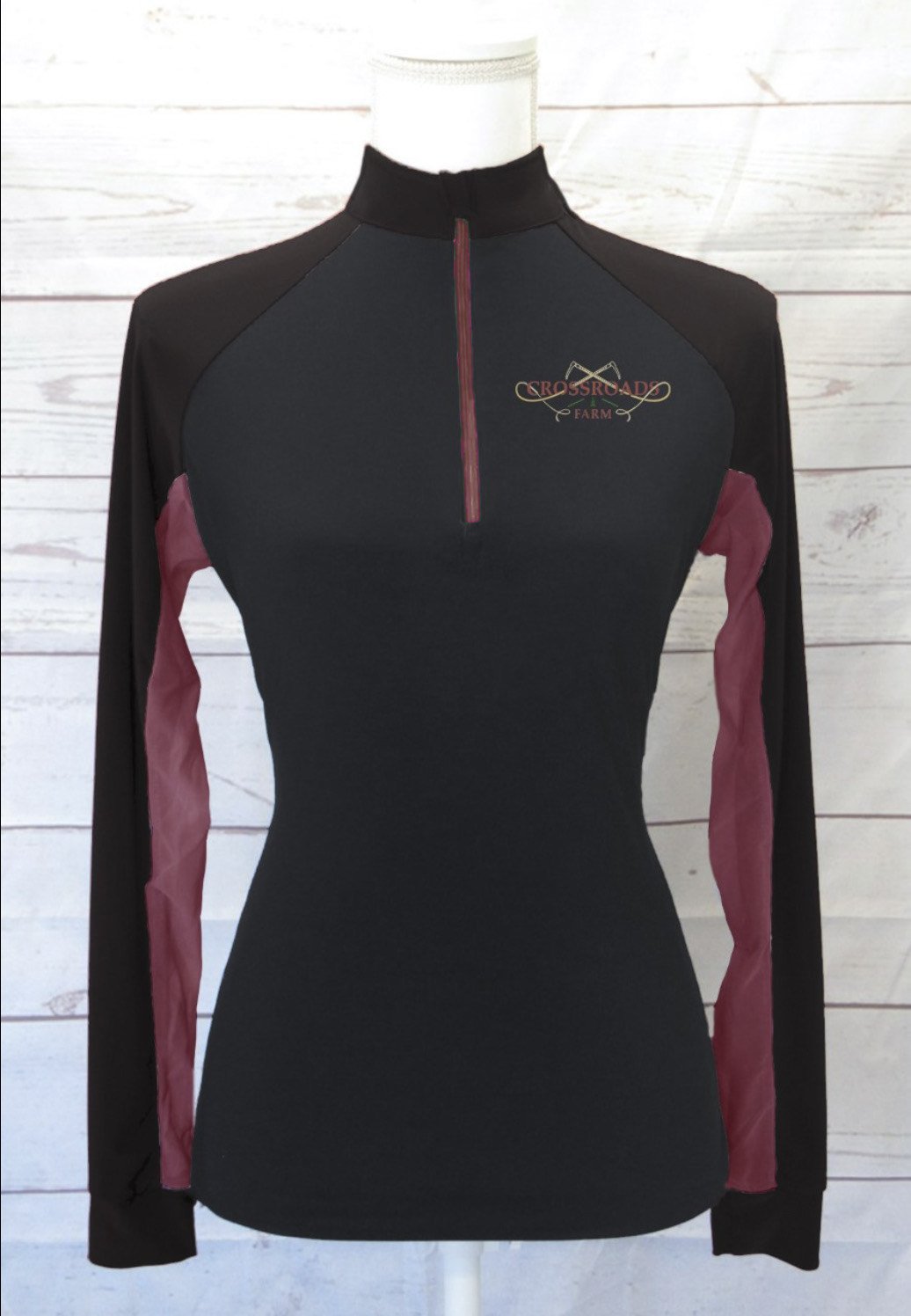 Crossroads Farm Adult Custom Sun Shirt - Black with Maroon Accents