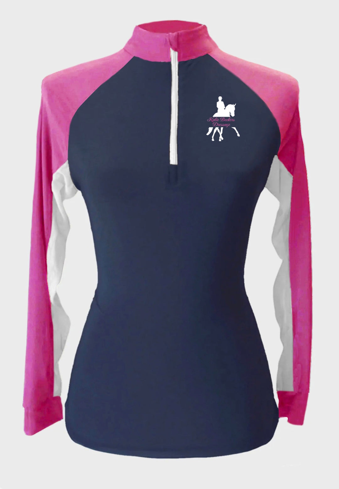 Kalie Becker Dressage Navy Custom Sun Shirt  - Adult and Youth Sizes - Hot Pink Sleeves