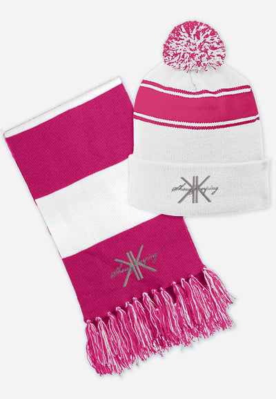 KK Show Jumping Sport-Tek® Stripe Pom Pom Beanie or Coordinating Scarf - Pink