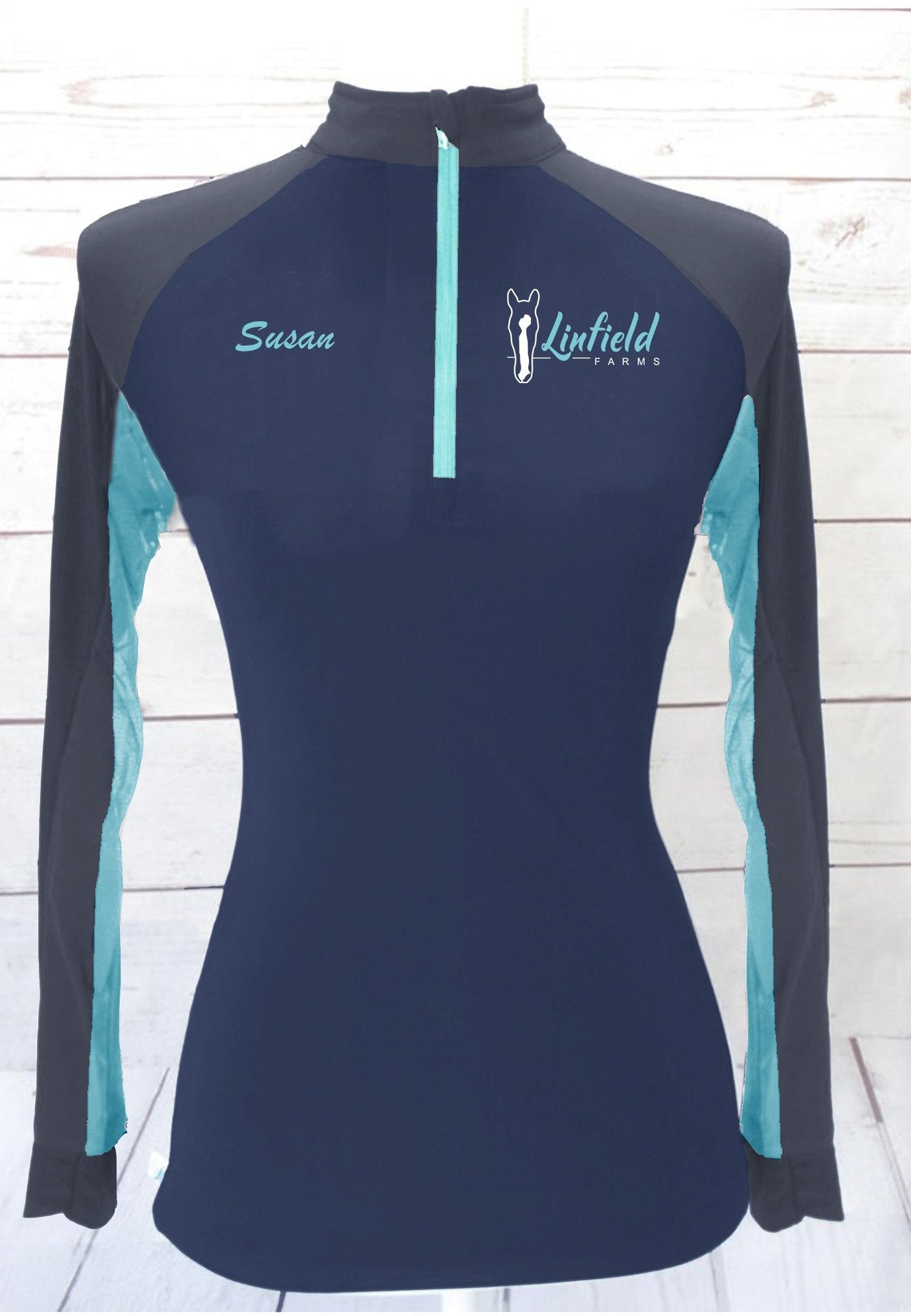Linfield Farms Adult Custom Sun Shirt - Navy/Grey with Turquoise Accents