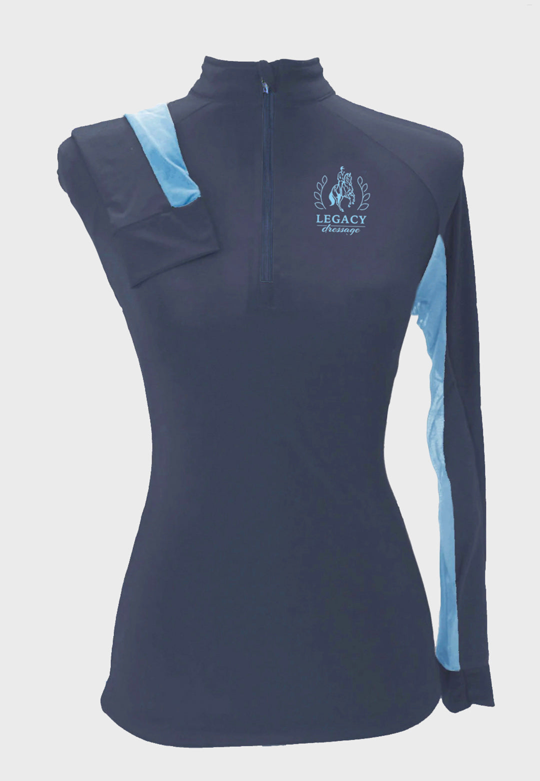 Legacy Dressage Navy Sun Shirt with Baby Blue vents  -    Adult + Youth sizes