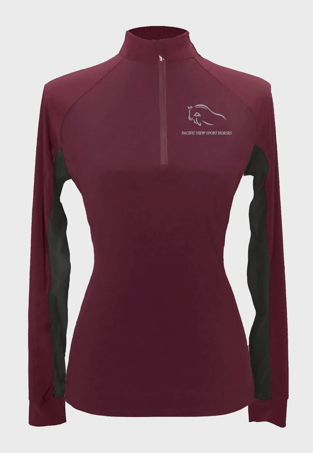 Pacific View Sport Horses Custom Maroon Long-Sleeve Sun Shirt, Adult + Youth Sizes