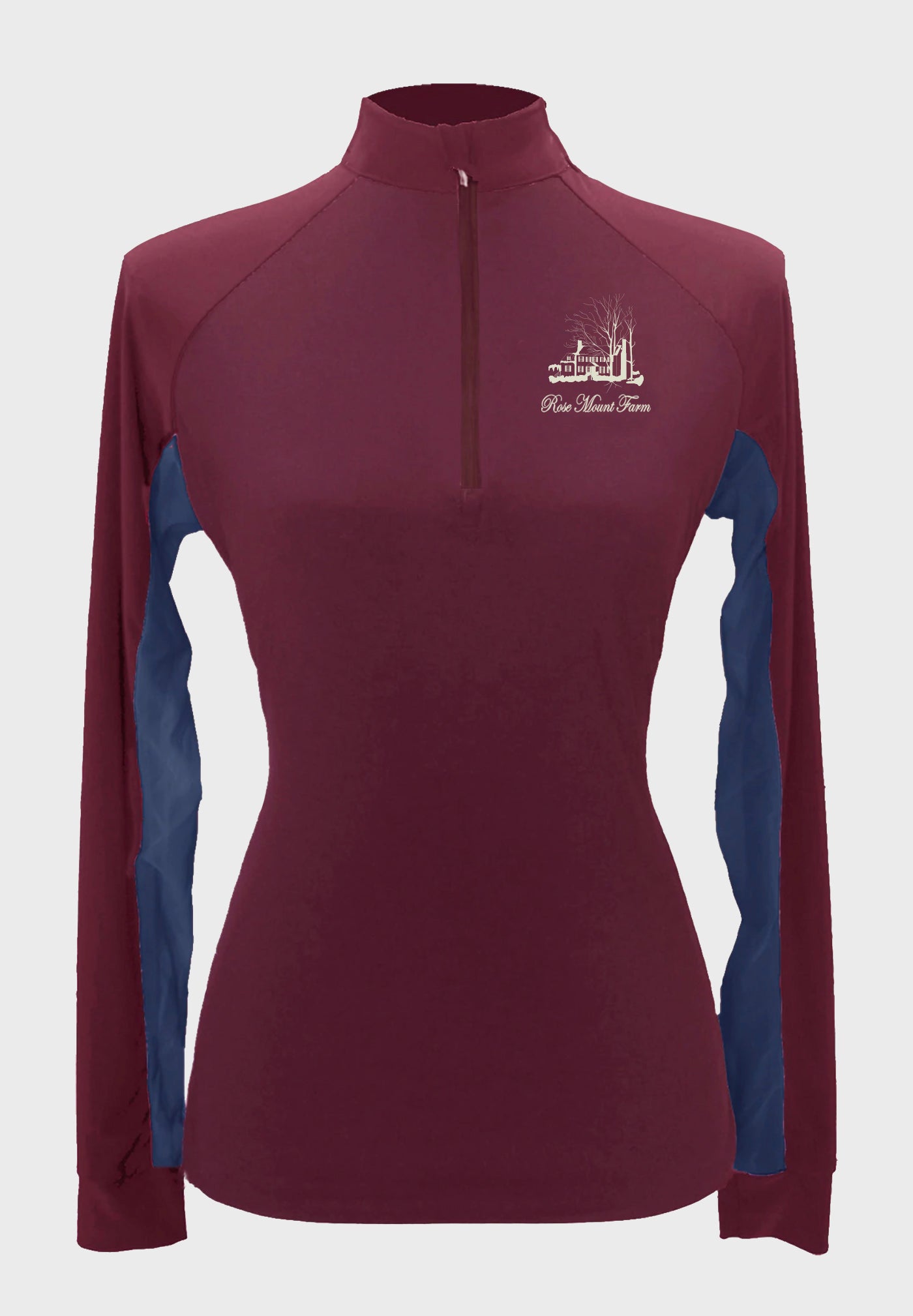 Rose Mount farm Maroon Sun Shirt with Maroon zipper, Vent color Choice  -    Adult + Youth sizes