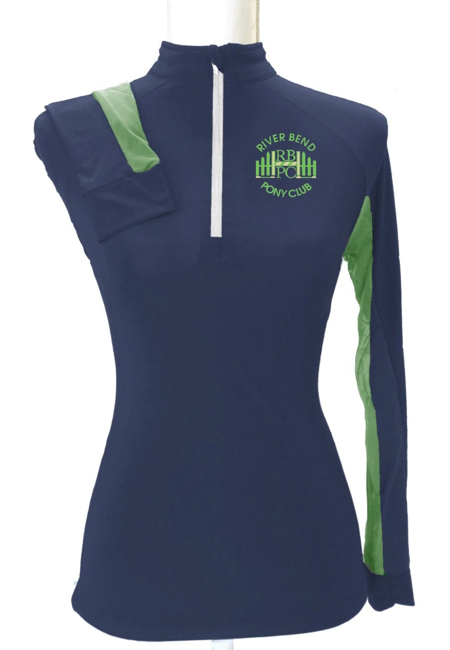 Riverbend Pony Club Custom Sun Shirt - Navy with Kelly Green Accents     Adult + Youth Sizes