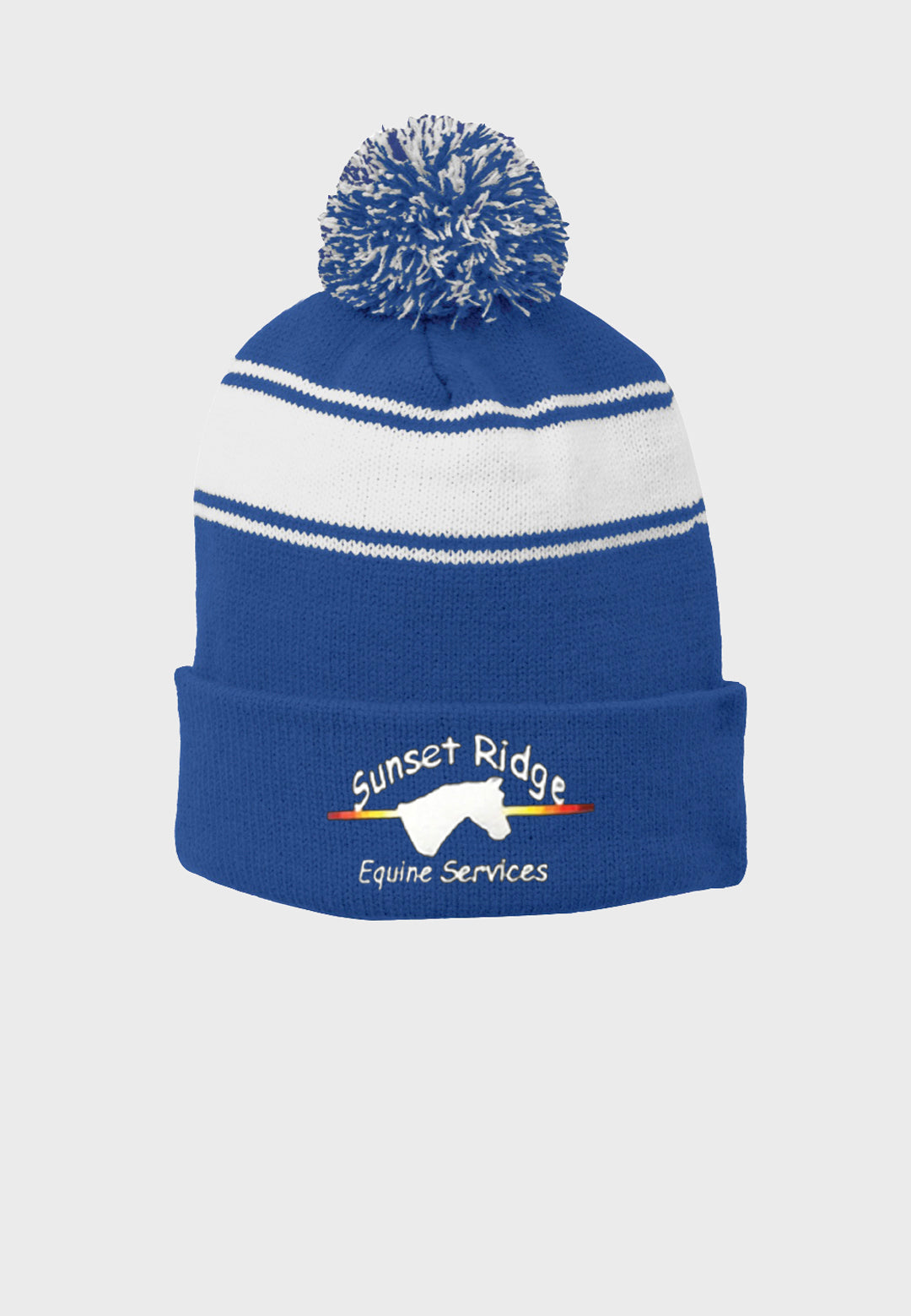 Sunset Ridge Equine Services Sport-Tek® Royal Stripe Pom Pom Beanie