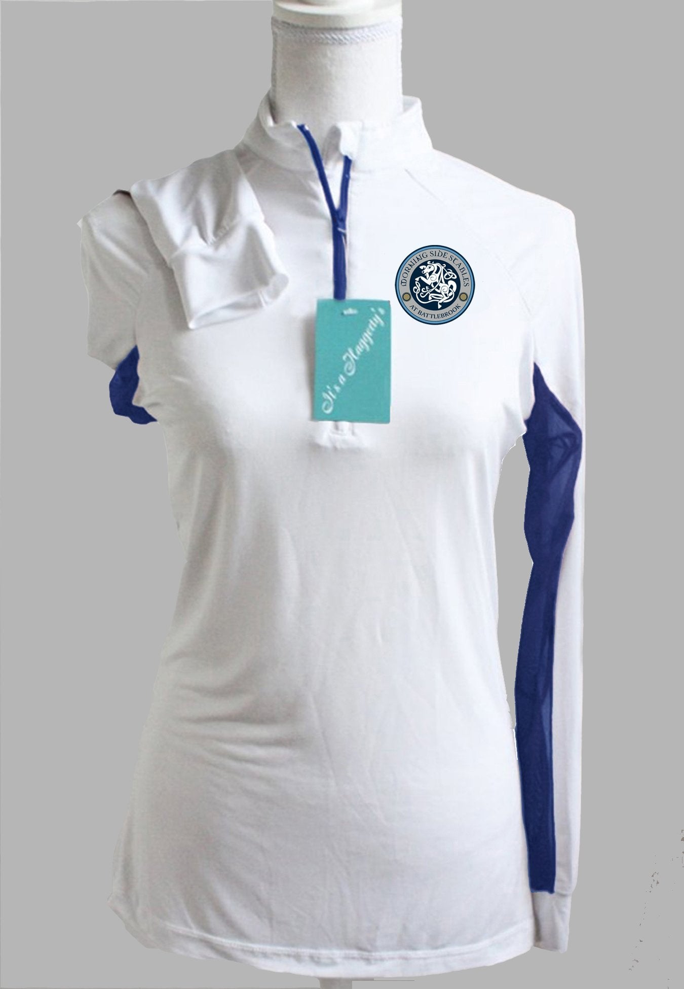 Morning Side Stables White Custom Sun Shirt with Navy Accents